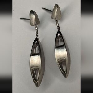 Kenneth Cole Vintage Zipper Canoe Shaped Stud Earrings Dangles Brushed Silver